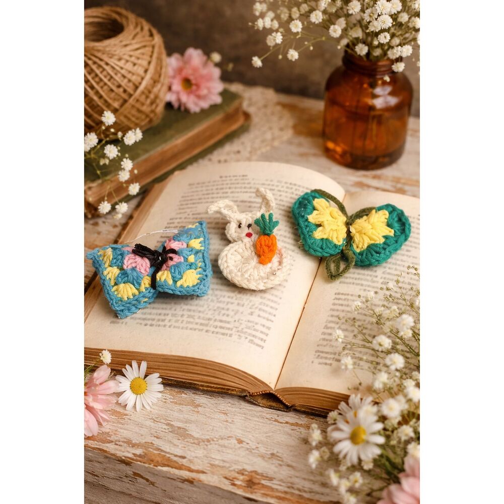 Crochet Bunny Butterfly Magnet Set Handmade Cottagecore Spring Decor